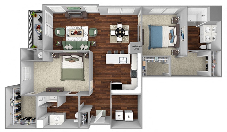 Floor plan for 2 beds, 2 baths, 1424 sqft